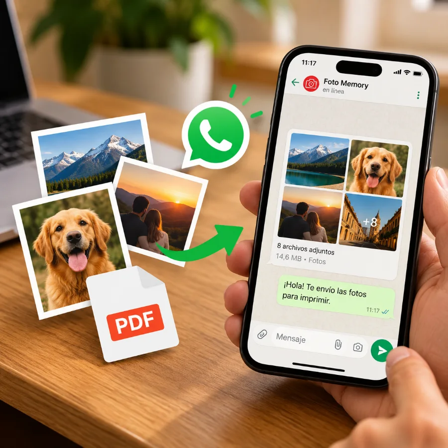 Celular con un chat de WhatsApp de Foto Memory: ocho fotos adjuntas y el mensaje «¡Hola! Te envío las fotos para imprimir»
