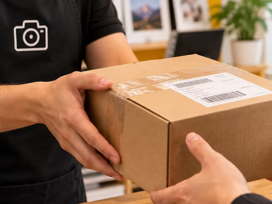 Una persona entrega una caja de cartón con etiqueta de envío a otra, sobre un mostrador de madera, con cajas de correo apiladas al fondo
